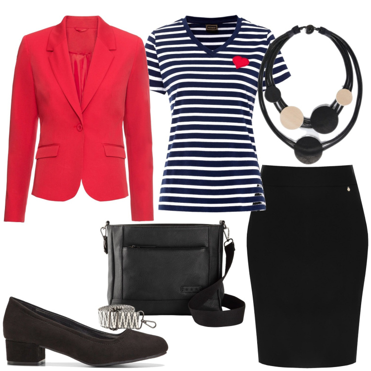 Outfit donna - Total look #1823215. Stile Casual per Tutti i giorni. Abbinamento con décolleté, borse a tracolla, blazer, maglieria, gonne, collane.