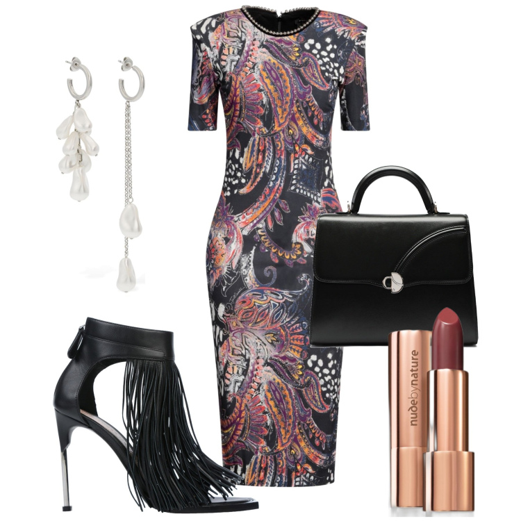Outfit donna - Che vamp!. Stile Trendy per Serata fuori. Abbinamento con vestiti midi/longuette, sandali in pelle, rossetti, borse a mano, orecchini.