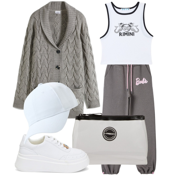 Outfit donna - Ghost outfitter - febbraio. Stile Sporty chic per Tutti i giorni. Abbinamento con cardigans, cappelli, canottiere, pantaloni, valigie, sneakers.