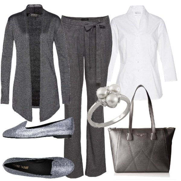 Outfit donna - Scarpe argentate. Stile Bon Ton per Tutti i giorni. Abbinamento con camicie, pantalone a quadri elasticizzato, cardigan in in maglia nero e corda, scarpe stringate, borsa tote, anelli.