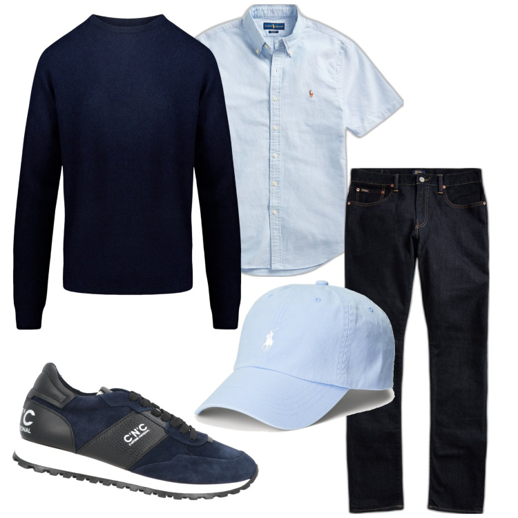 Outfit uomo - Total look #1823249. Stile Casual per Tutti i giorni. Abbinamento con sneakers, cappelli, jeans, camicie a manica corta, maglieria.