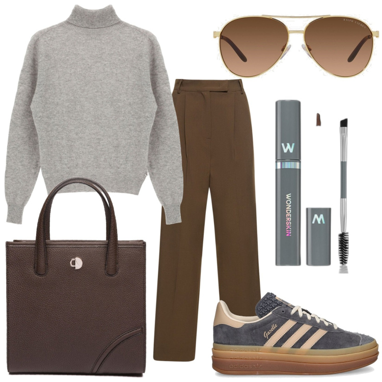 Outfit donna - Total look #1823252. Stile Casual chic per Tutti i giorni. Abbinamento con mascara, maglieria, occhiali da sole, sneakers, pantaloni, shopping bag.