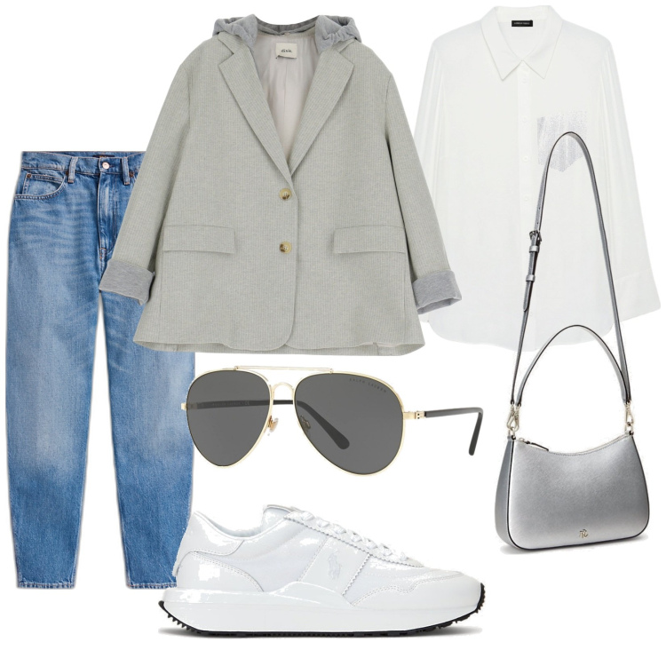 Outfit donna - Total look #1823257. Stile Casual chic per Tutti i giorni. Abbinamento con blazer, sneakers, occhiali da sole, jeans, borse a tracolla, camicie.
