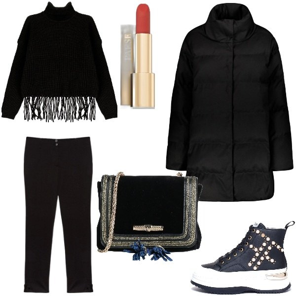 Outfit donna - Sporty chic. Stile Sporty chic per Tutti i giorni. Abbinamento con borse a tracolla, rossetti, sneakers, maglieria, cappotti, pantaloni.