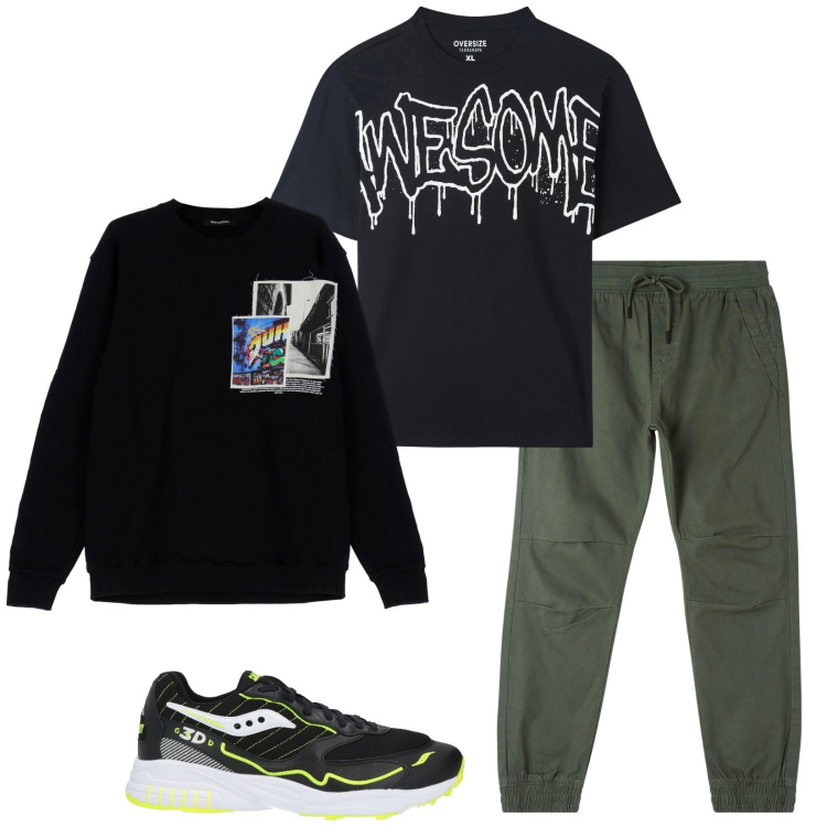 Outfit uomo - Young fashion. Stile Casual per Tutti i giorni. Abbinamento con sneakers, pantaloni, t-shirt, felpe.