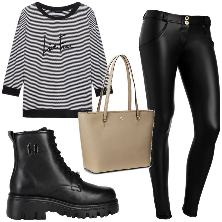 Outfit donna - Total look #1823281. Stile Basic per Tutti i giorni. Abbinamento con stivaletti, pantaloni skinny, borse tote, t-shirt.