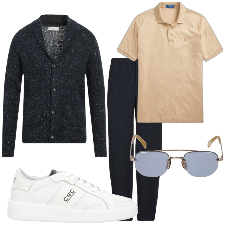 Outfit uomo - Per tutto il giorno. Stile Casual per Tutti i giorni. Abbinamento con cardigans, sneakers, pantaloni, polo, occhiali da sole.