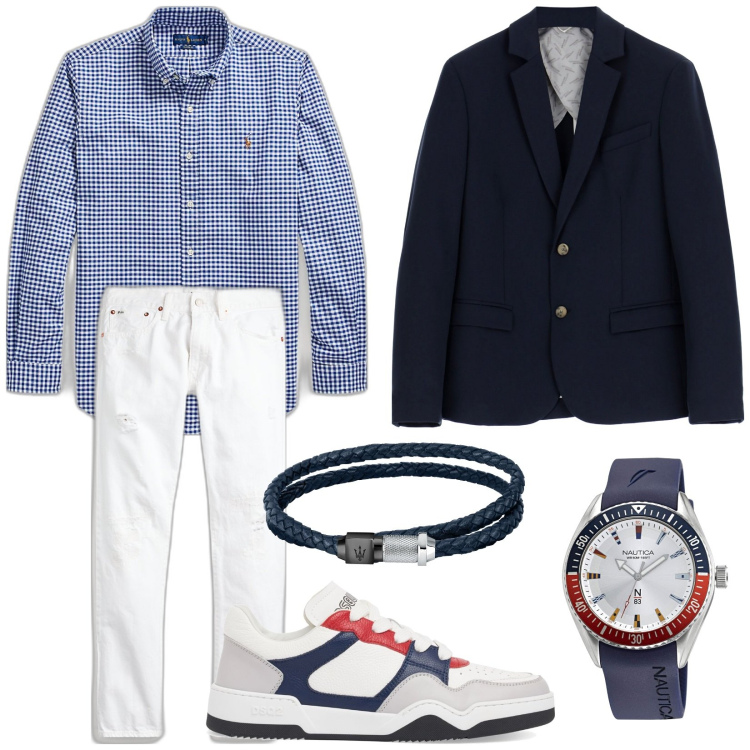 Outfit uomo - In porto. Stile Trendy per Tutti i giorni. Abbinamento con braccialetti, orologi, giacche, jeans, camicie, sneakers.