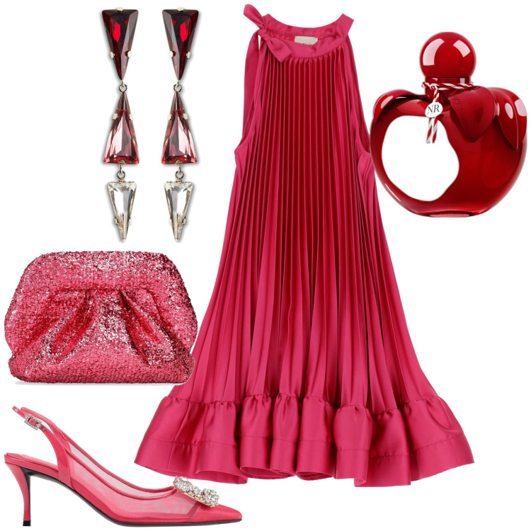 Outfit donna - Serata. Stile Chic per Cerimonia. Abbinamento con décolleté, orecchini, profumi, vestiti corti, pochette.