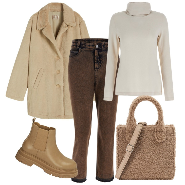 Outfit donna - La borsa a mano teddy. Stile Basic per Tutti i giorni. Abbinamento con shopping bag, cappotti, jeans dritti, maglieria, stivaletti.