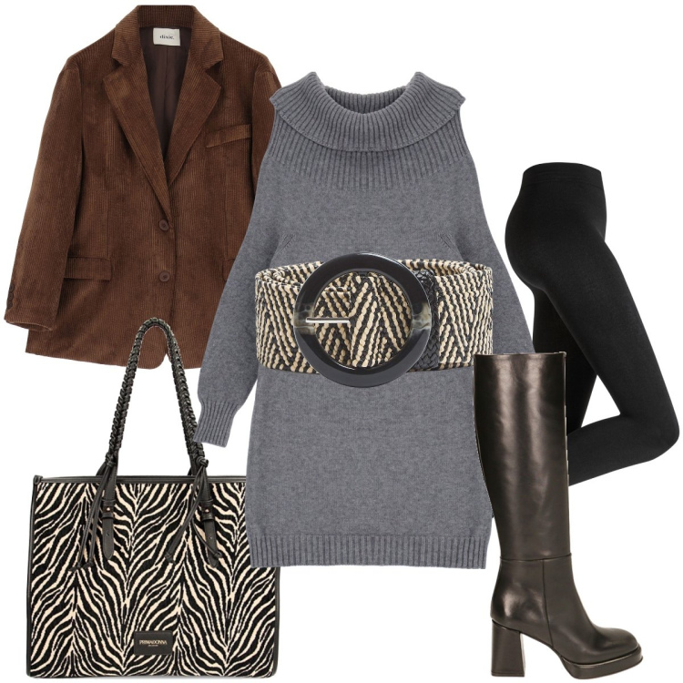 Outfit donna - Borsa e cintura abbinati. Stile Casual chic per Ufficio. Abbinamento con leggings, cinture, maglieria, stivali, borse a spalla, cappotti.