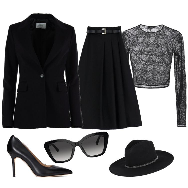 Outfit donna - Spy. Stile Sexy per Serata fuori. Abbinamento con cappelli, gonne longuette, occhiali da sole, décolleté, top, blazer.