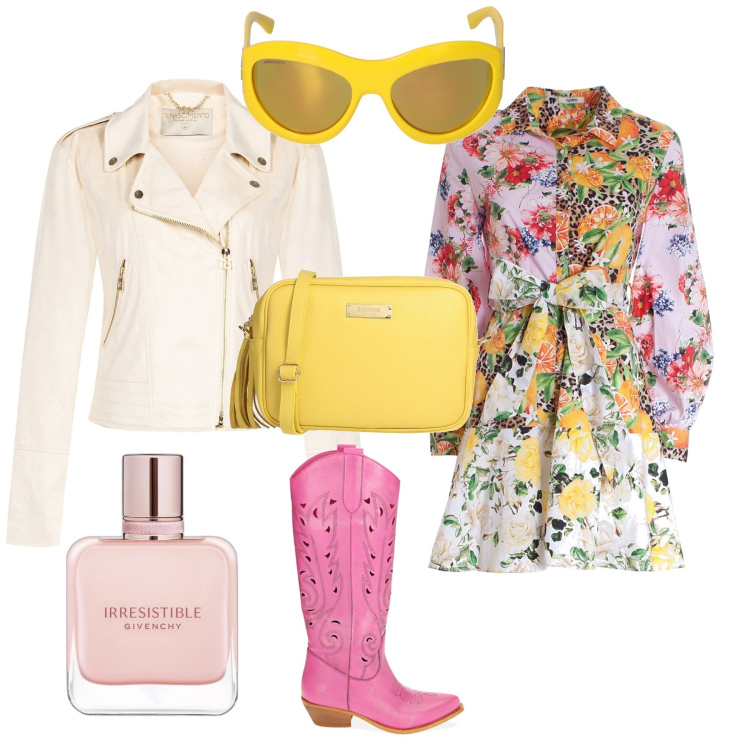 Outfit donna - Primavera romantica. Stile Romantica per Tutti i giorni. Abbinamento con borse a tracolla, profumi, giacche, vestiti chemisier, stivali, occhiali da sole.