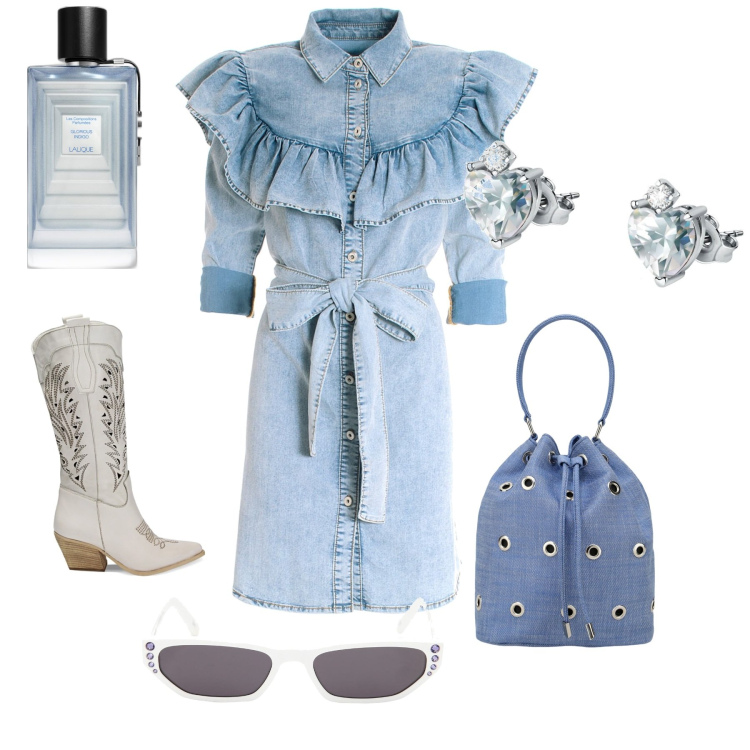 Outfit donna - Casual jeans. Stile Casual per Tutti i giorni. Abbinamento con orecchini, profumi, vestiti chemisier, stivali, borse a secchiello, occhiali da sole.