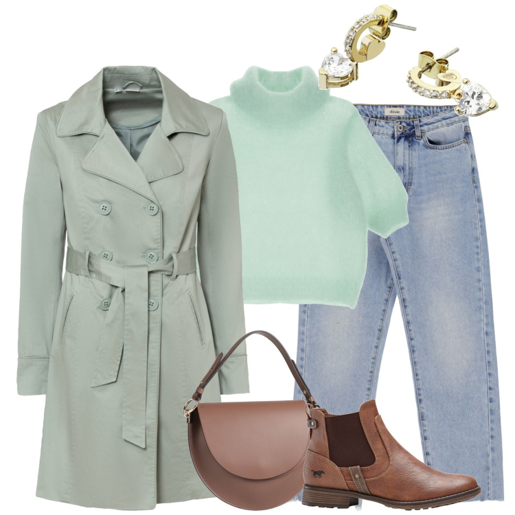 Outfit donna - City. Stile Urban per Tutti i giorni. Abbinamento con trench, stivaletti chelsea, orecchini, borse a mano, jeans dritti, maglieria.