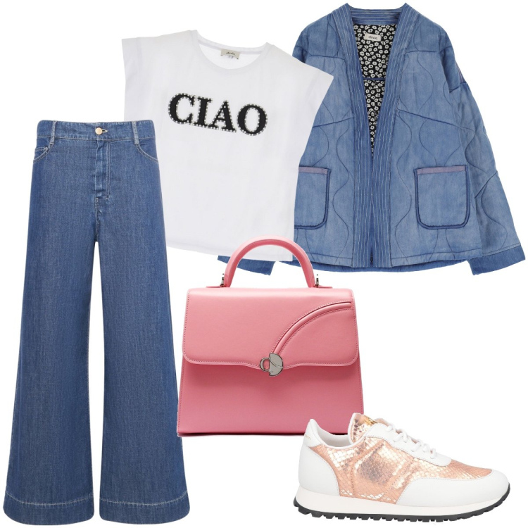 Outfit donna - Ciao ciao. Stile Urban per Tutti i giorni. Abbinamento con sneakers, blazer, t-shirt, jeans dritti, borse a mano.