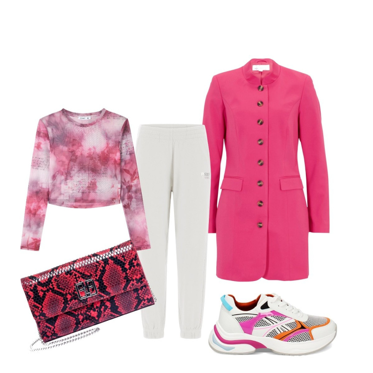 Outfit donna - Voglia di primavera. Stile Casual chic per Tutti i giorni. Abbinamento con blazer, t-shirt, pochette, pantaloni, sneakers.