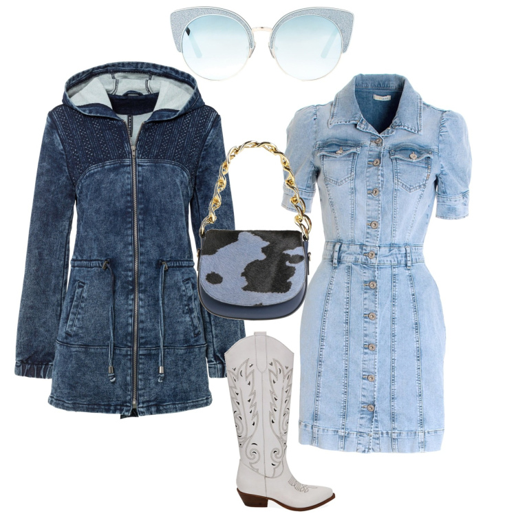 Outfit donna - Casual jeans. Stile Casual per Tutti i giorni. Abbinamento con parka, borse a mano, occhiali da sole, vestiti chemisier, stivali.