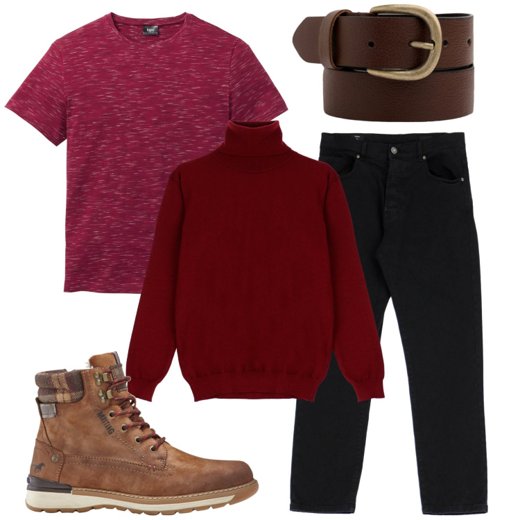 Outfit uomo - Inverno. Stile Casual per Tutti i giorni. Abbinamento con t-shirt, stivali e stivaletti, pantaloni, maglieria, cinture.