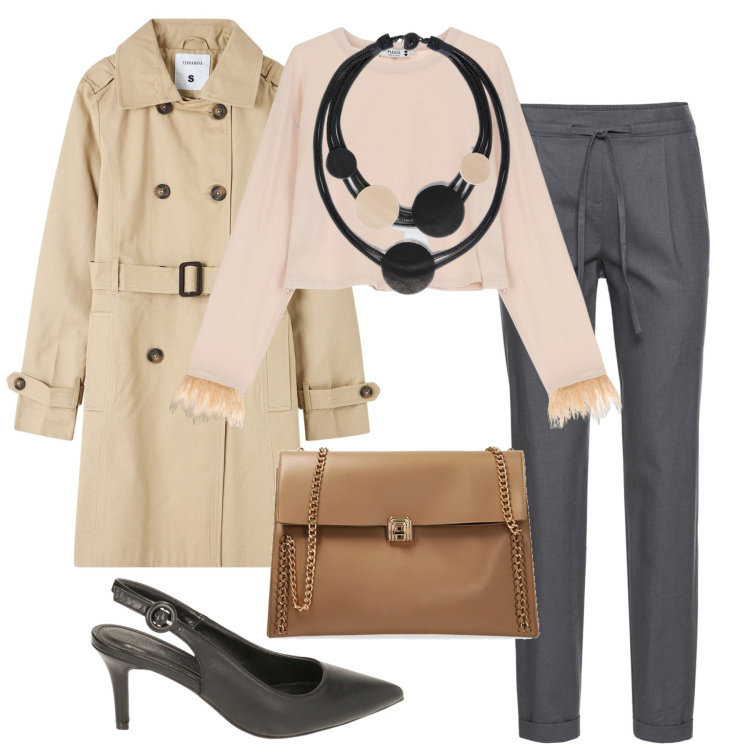 Outfit donna - City. Stile Chic per Tutti i giorni. Abbinamento con pantaloni, trench, maglieria, borse a spalla, décolleté, collane.