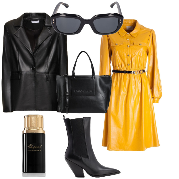 Outfit donna - Casual chic giallo e nero. Stile Casual chic per Ufficio. Abbinamento con borse a mano, stivaletti chelsea, profumi, vestiti chemisier, blazer, occhiali da sole.
