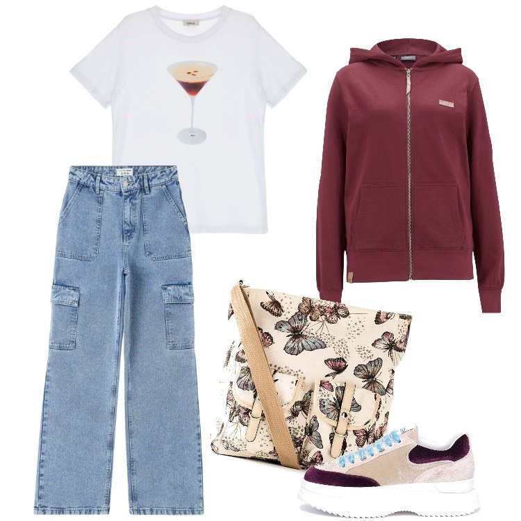 Outfit donna - Total look #1823476. Stile Trendy per Tutti i giorni. Abbinamento con felpe con cappuccio, borse a tracolla, jeans, sneakers, t-shirt.
