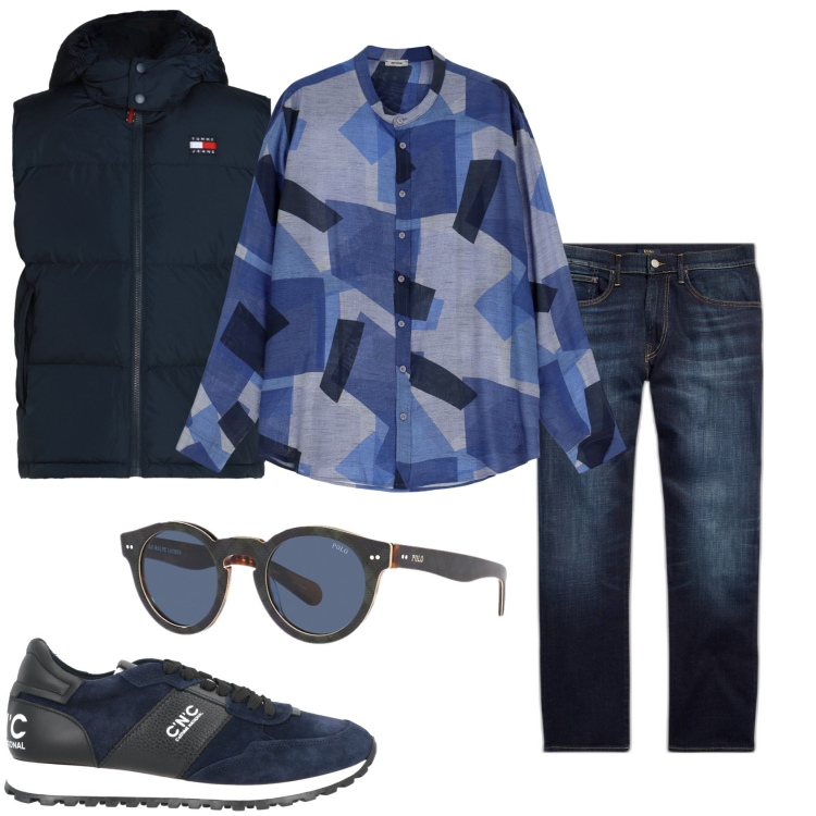 Outfit uomo - La domenica in libertà. Stile Urban per Tutti i giorni. Abbinamento con piumini, sneakers, camicie, jeans dritti, occhiali da sole.
