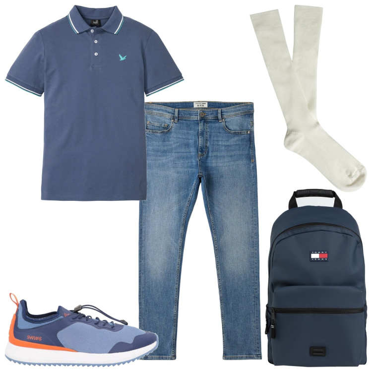 Outfit uomo - Il jeans con la polo. Stile Casual per Tutti i giorni. Abbinamento con polo, sneakers, borse sportive, jeans skinny, calzini.