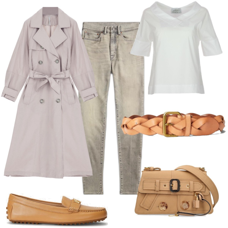 Outfit donna - Total look #1823497. Stile Basic Abbinamento con trench, cinture, mocassini, jeans skinny, bluse, borse a spalla.