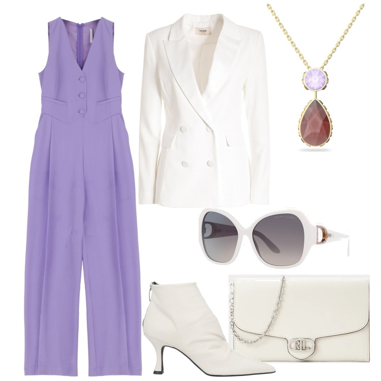 Outfit donna - La tuta viola ed il blazer bianco. Stile Trendy per Cerimonia. Abbinamento con stivaletti, collane, tute, blazer, occhiali da sole, borse a tracolla.