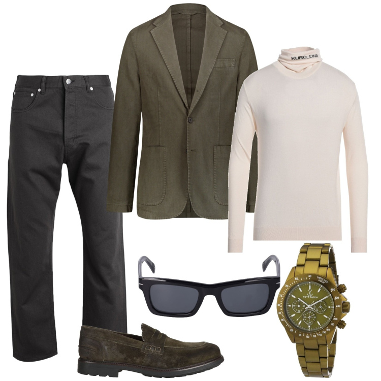 Outfit uomo - Casual chic in ufficio. Stile Trendy per Tutti i giorni. Abbinamento con giacche, orologi, scarpe stringate, pantaloni, maglieria, occhiali da sole.