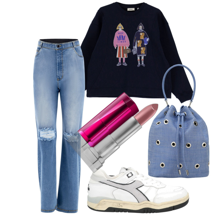 Outfit donna - Semplicità. Stile Casual per Tutti i giorni. Abbinamento con sneakers, rossetti, felpe, borse a secchiello, jeans strappati.