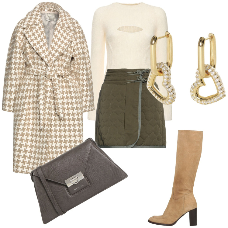 Outfit donna - Il pied de poule. Stile Casual chic per Ufficio. Abbinamento con minigonne, cappotti, stivali, borse a tracolla, orecchini, maglieria.