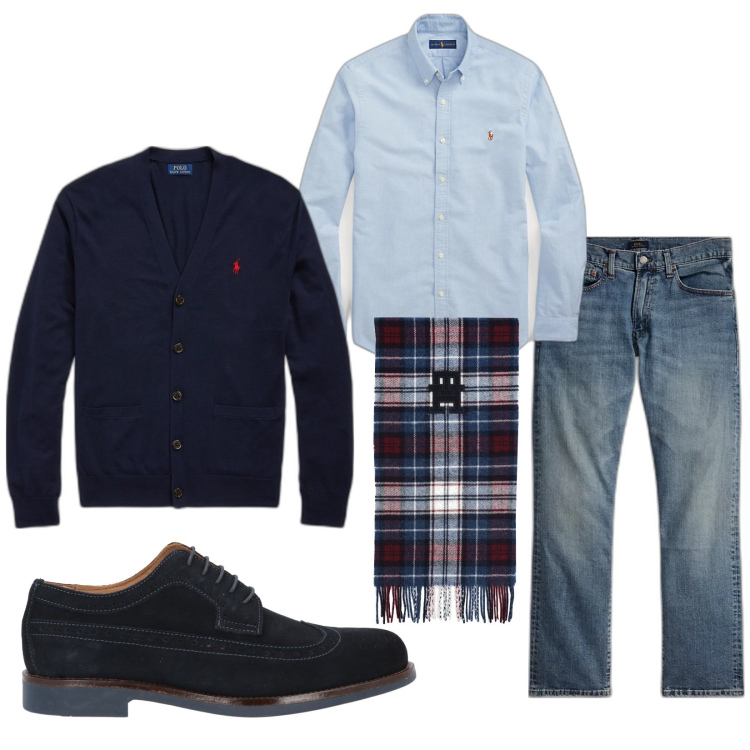 Outfit uomo - Blue&blu. Stile Casual per Tutti i giorni. Abbinamento con scarpe stringate, sciarpe, camicie, jeans dritti, cardigans.