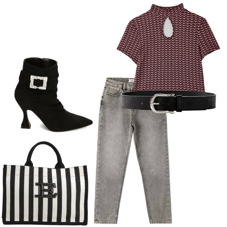 Outfit donna - Stile by day. Stile Casual chic per Ufficio. Abbinamento con cinture, borse a mano, t-shirt, jeans mom, stivaletti.