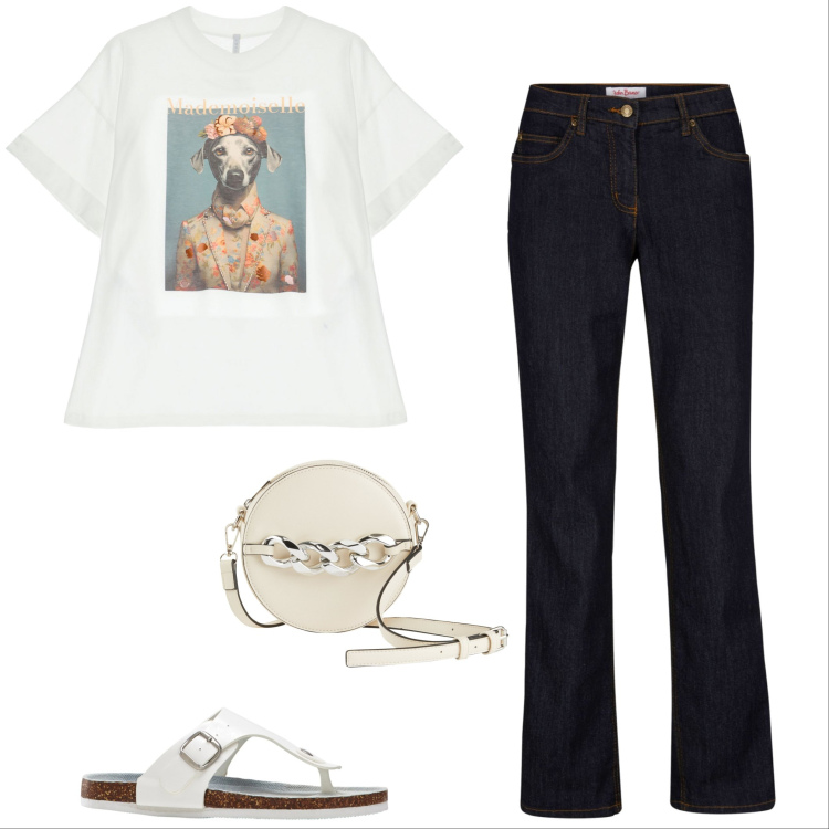 Outfit donna - Infradito con jeans. Stile Trendy per Tutti i giorni. Abbinamento con jeans dritti, infradito, borse a tracolla, t-shirt.