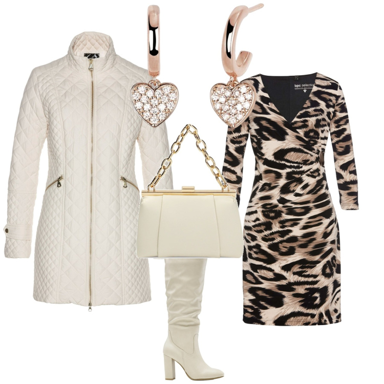 Outfit donna - Casual chic bianco animalier. Stile Casual chic per Serata fuori. Abbinamento con blazer, vestiti, stivali sopra il ginocchio, orecchini, borse a spalla.