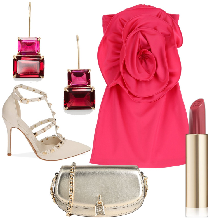 Outfit donna - Un fiore!. Stile Chic per Cerimonia. Abbinamento con borse a tracolla, rossetti, vestiti corti, décolleté, orecchini.