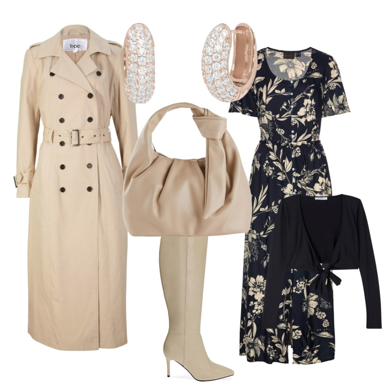 Outfit donna - Casual chic in ufficio. Stile Casual chic per Ufficio. Abbinamento con borse a mano, trench, vestiti lunghi, blazer, orecchini, stivali.