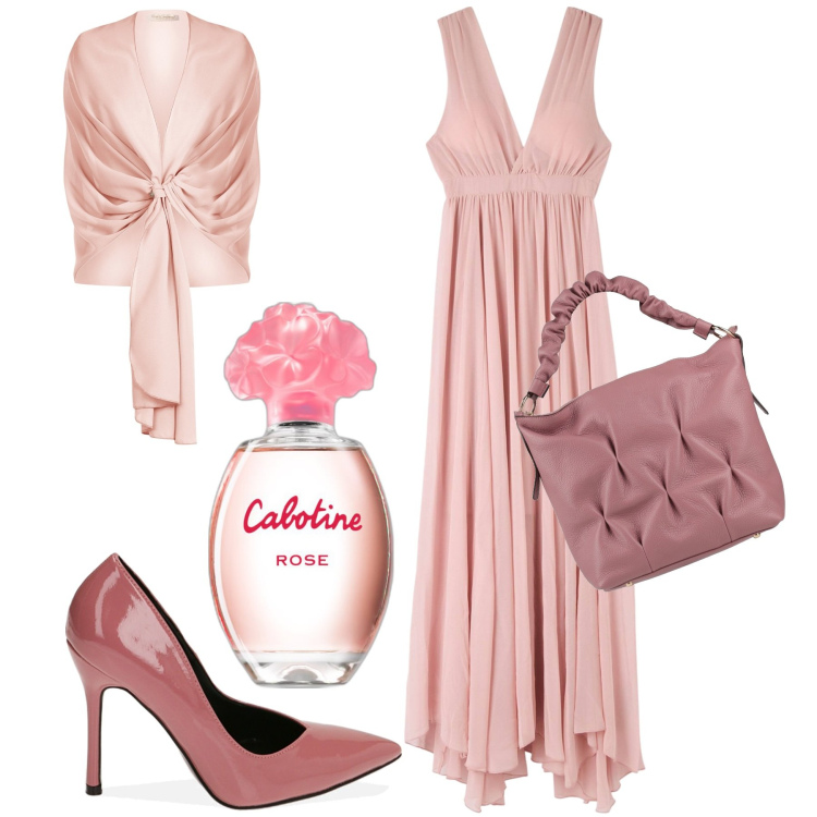 Outfit donna - Cerimonia in rosa. Stile Chic per Cerimonia. Abbinamento con borse a mano, profumi, vestiti lunghi, stole, décolleté.