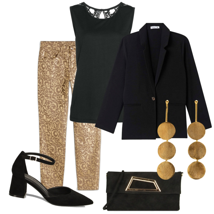 Outfit donna - Serata. Stile Trendy per Serata fuori. Abbinamento con top, pantaloni, blazer, pochette, décolleté, orecchini.