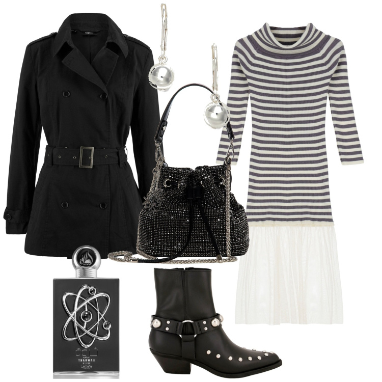 Outfit donna - Serata fuori casual chic. Stile Casual chic per Serata fuori. Abbinamento con trench, profumi, borse a secchiello, stivaletti texani, vestiti midi/longuette, orecchini.