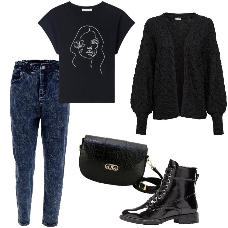 Outfit donna - Total look #1823670. Stile Casual per Tutti i giorni. Abbinamento con cardigans, stivaletti, t-shirt, jeans skinny, pochette.