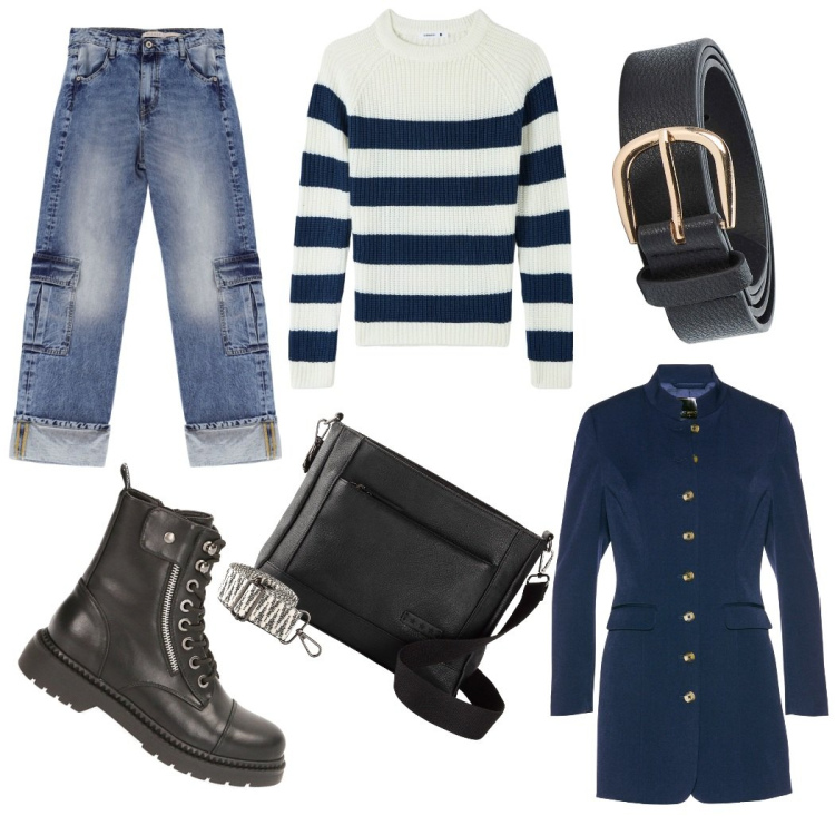 Outfit donna - Esco con le mie amiche. Stile Casual per Serata fuori. Abbinamento con borse a tracolla, blazer, maglieria, cinture, jeans dritti, anfibi.