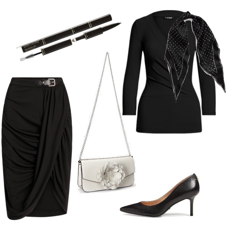 Outfit donna - Total look #1823684. Stile Bon Ton per Serata fuori. Abbinamento con eyeliner, top, borse a spalla, gonne, foulard, décolleté.