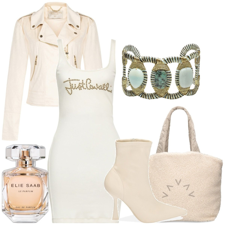 Outfit donna - Total look #1823694. Stile Casual per Tutti i giorni. Abbinamento con braccialetti, vestiti corti, profumi, giacche, stivaletti, shopping bag.