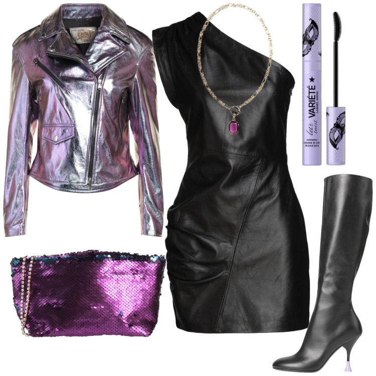 Outfit donna - belle et mystérieuse. Stile Sexy per Serata fuori. Abbinamento con vestiti corti, blazer, stivali, borse a mano, mascara, collane.