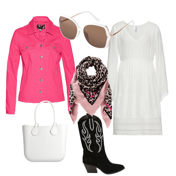 Outfit donna - Romantica rock. Stile Romantica per Tutti i giorni. Abbinamento con foulard, blazer, vestiti corti, occhiali da sole, borse a mano, stivali.
