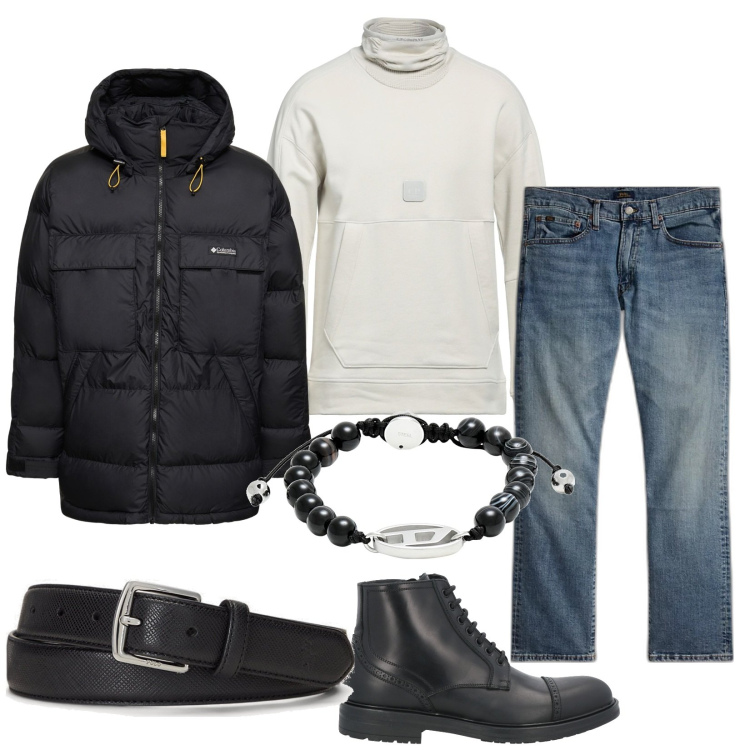 Outfit uomo - Total look #1823710. Stile Casual per Tutti i giorni. Abbinamento con felpe, stivali e stivaletti, braccialetti, cinture, jeans dritti, piumini.