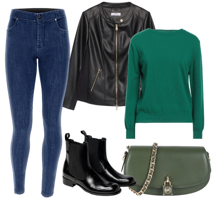 Outfit donna - Total look #1823745. Stile Casual per Tutti i giorni. Abbinamento con borse a tracolla, pullovers, jeans skinny, blazer, stivaletti chelsea.